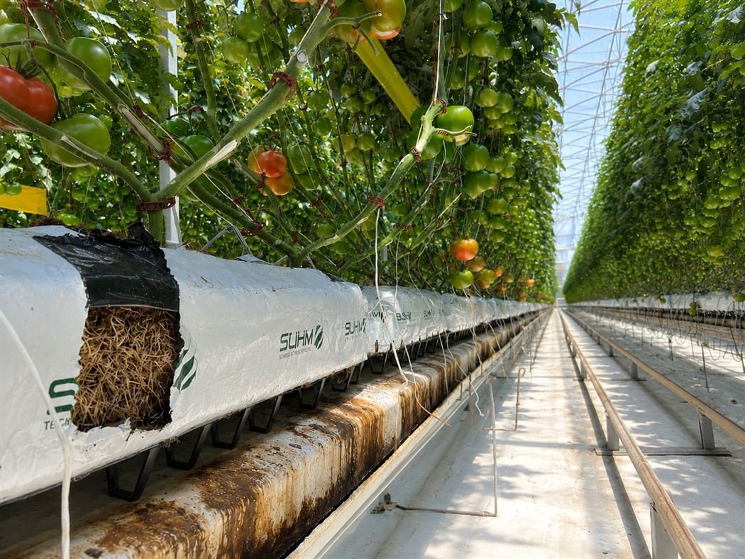 Detalle de slab de fibra de coco SUHM con raíces de tomate en invernadero